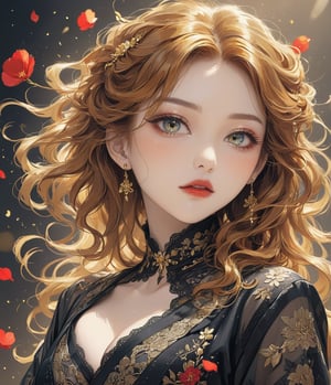 Masterpiece, 4K, ultra detailed, modern anime style, beautiful busty female singer with flawless dark makeup, beautiful detailed eyes and glossy lips, golden earring, wavy long ginger hair, sheer lace robe, romantic flower petals, windy, depth of field, SFW, more detail XL, punk art style,huayu