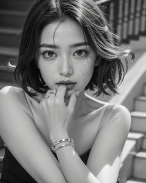 A captivating black-and-white portrait of a young woman with short, wavy hair, sitting thoughtfully on a staircase. She wears a simple, elegant spaghetti strap top, revealing her slender arms. Her expression is one of deep contemplation, with her left hand thoughtfully resting on her chin, and her fingers gently touching her lips. Her right hand is placed delicately on her arm. The thin bracelet on her wrist adds a touch of elegance to her minimalist look. The background features the blurred, ascending steps, creating a sense of depth and texture in the image. This photograph beautifully captures a moment of introspective allure, highlighting her natural beauty and the subtle emotions conveyed through her expressive eyes and thoughtful pose, 8k, masterpiece, ultra-realistic, best quality, high resolution, high definition,fancy light