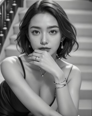A captivating black-and-white portrait of a young woman with short, wavy hair, sitting thoughtfully on a staircase. She wears a simple, elegant spaghetti strap top, revealing her slender arms and delicate wrist adorned with a thin bracelet. Her expression is one of contemplation and curiosity, with one hand resting on her chin and the other loosely placed on her arm. The background features the blurred, ascending steps, which add depth and texture to the image. This photograph beautifully captures a moment of introspective allure, highlighting her natural beauty and the subtle emotions conveyed through her expressive eyes and thoughtful pose, realistic photo,1girl,close_up,((white very short hair,hair over one eye)),(white hair),Best Quality, 32k, photorealistic, ultra-detailed, finely detailed, high resolution, perfect dynamic composition, beautiful detailed eyes, sharp-focus,tan,(looking at viewer), looking_at_viewer, front_view,(((dark skin))), dark skin,tan,(((Moroccan traditional clothing))),off shoulder,(((Moroccan clothes))),Rabat Palace, Rabat,Moroccan,night,midnight,tan body,tan skin,dark body,black body