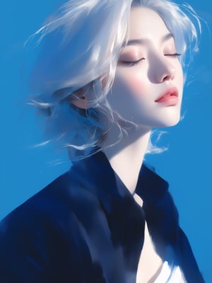 A striking portrait of a Asian woman with ethereal, platinum hair, elegantly styled to frame her face. Her eyes are closed, and her lips are slightly parted, exuding a serene and contemplative expression. She is dressed in a sleek, dark blouse that contrasts beautifully with the vivid blue background, creating a sense of depth and focus on her delicate features. The overall ambiance is one of quiet elegance and otherworldly beauty, enhanced by the soft, natural light that bathes her face and accentuates the flawless texture of her skin. The image captures a moment of calm and introspection, as if she is lost in a peaceful dream,  8k, masterpiece, ultra-realistic, best quality, high resolution, high definition.,Oil painting of Mona Lisa ,impressionist painting