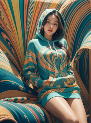 A stunning portrait of a young woman dressed in a vibrant, multicolored hoodie with swirling patterns of blue, orange, and teal. Her long, flowing hair cascades down her shoulders, complementing the intricate design of her outfit. The background mirrors the psychedelic patterns of her attire, creating a seamless, mesmerizing effect. The woman's expression is calm and confident, her gaze directed towards the viewer. The overall scene exudes a sense of bold, artistic flair and modern fashion.