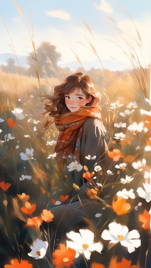 A serene, picturesque meadow bathed in the warm, golden light of a late afternoon sun, where a young woman with wavy, chestnut-brown hair is nestled among the tall grasses and blooming wildflowers. She wears a cozy, rust-colored scarf that adds a touch of warmth and autumnal charm to her outfit, contrasting beautifully with the delicate whites and vibrant oranges of the flowers surrounding her. Her gentle smile and soft, expressive eyes exude a sense of peace and contentment as she enjoys this tranquil moment in nature. The background features a distant, softly focused tree and a sky adorned with wispy clouds, enhancing the dreamy, idyllic atmosphere. This scene captures the essence of serene beauty and the simple joys of connecting with nature.