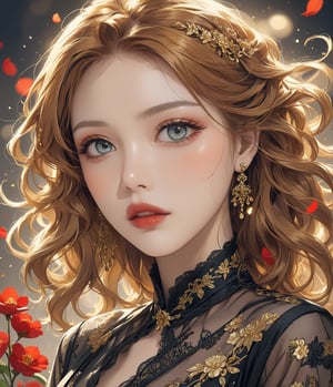 Masterpiece, 4K, ultra detailed, modern anime style, beautiful busty female singer with flawless dark makeup, beautiful detailed eyes and glossy lips, golden earring, wavy long ginger hair, sheer lace robe, romantic flower petals, windy, depth of field, SFW, more detail XL, punk art style,huayu