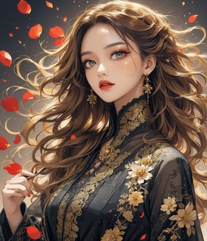 Masterpiece, 4K, ultra detailed, modern anime style, beautiful female singer with flawless dark makeup, beautiful detailed eyes and glossy lips, golden earring, wavy long ginger hair, sheer lace robe, romantic flower petals, windy, depth of field, SFW, more detail XL, punk art style,huayu, ukiyoe art style,