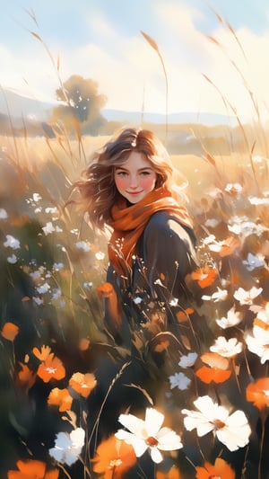 A serene, picturesque meadow bathed in the warm, golden light of a late afternoon sun, where a young woman with wavy, chestnut-brown hair is nestled among the tall grasses and blooming wildflowers. She wears a cozy, rust-colored scarf that adds a touch of warmth and autumnal charm to her outfit, contrasting beautifully with the delicate whites and vibrant oranges of the flowers surrounding her. Her gentle smile and soft, expressive eyes exude a sense of peace and contentment as she enjoys this tranquil moment in nature. The background features a distant, softly focused tree and a sky adorned with wispy clouds, enhancing the dreamy, idyllic atmosphere. This scene captures the essence of serene beauty and the simple joys of connecting with nature.