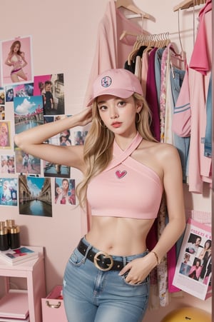 A vibrant and stylish portrait of a young woman in a playful pose. She is wearing a trendy pink halter top that complements her long, straight blonde hair. A pink cap with a unique logo adds a sporty touch to her outfit. Her high-waisted jeans feature a fashionable belt with a heart-shaped buckle. She strikes a pose with one hand adjusting her cap and her lips puckered in a playful expression. The background is filled with colorful posters and photos, creating a lively and dynamic atmosphere, enhanced by a pinkish glow that highlights her confident and trendy look, Lipstick, Realistic