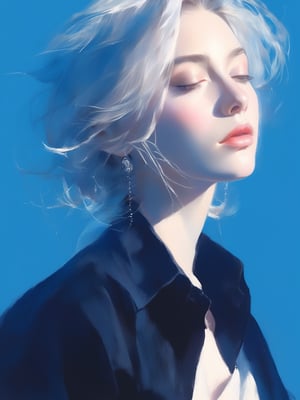 A striking portrait of a woman with ethereal, platinum hair, elegantly styled to frame her face. Her eyes are closed, and her lips are slightly parted, exuding a serene and contemplative expression. She is dressed in a sleek, dark blouse that contrasts beautifully with the vivid blue background, creating a sense of depth and focus on her delicate features. The overall ambiance is one of quiet elegance and otherworldly beauty, enhanced by the soft, natural light that bathes her face and accentuates the flawless texture of her skin. The image captures a moment of calm and introspection, as if she is lost in a peaceful dream,  8k, masterpiece, ultra-realistic, best quality, high resolution, high definition.,Oil painting of Mona Lisa 
