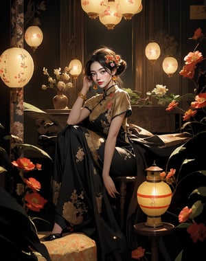 Create a highly detailed, realistic illustration of an elegant Asian woman seated in a richly decorated room. The room is illuminated by multiple ornate lanterns, casting a warm, golden glow. The woman is dressed in a traditional, elaborate floral-patterned modern cheongsam with intricate embroidery. Her hair is styled in an elaborate updo adorned with flowers and jewelry. She sits gracefully, her expression contemplative and serene. Surrounding her are various decorative elements, including vases with blooming flowers and traditional furniture, creating a luxurious and intimate atmosphere. The overall composition exudes sophistication, cultural richness, and a sense of timeless beauty, 8k, masterpiece, ultra-realistic, best quality, high resolution, high definition