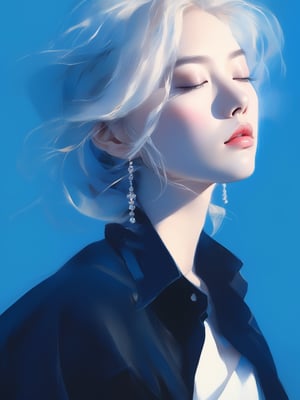 A striking portrait of beautiful Asian woman with ethereal, platinum hair, elegantly styled to frame her face. Her eyes are closed, and her lips are slightly parted, exuding a serene and contemplative expression. She is dressed in a sleek, dark blouse that contrasts beautifully with the vivid blue background, creating a sense of depth and focus on her delicate features. The overall ambiance is one of quiet elegance and otherworldly beauty, enhanced by the soft, natural light that bathes her face and accentuates the flawless texture of her skin. The image captures a moment of calm and introspection, as if she is lost in a peaceful dream.
