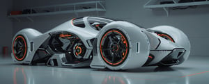 In a cutting-edge futuristic garage, a sleek, high-tech vehicle with glowing orange accents and intricate, exposed machinery takes center stage. The vehicle's streamlined design and advanced technology are highlighted by ambient lighting, casting a soft glow that accentuates every curve and detail. The scene exudes a sense of serene anticipation and cutting-edge innovation, capturing the essence of futuristic elegance and technological prowess.