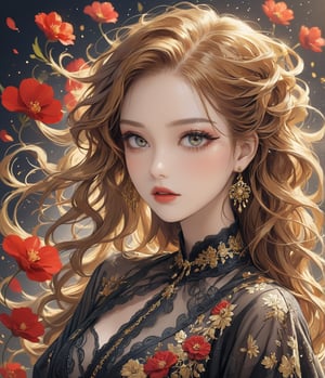 Masterpiece, 4K, ultra detailed, modern anime style, beautiful busty female singer with flawless dark makeup, beautiful detailed eyes and glossy lips, golden earring, wavy long ginger hair, sheer lace robe, romantic flower petals, windy, depth of field, SFW, more detail XL, punk art style,huayu