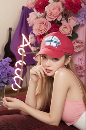 A trendy young woman sits comfortably in a stylish, modern chair, exuding a relaxed yet fashionable vibe. She wears a light blue tulle skirt paired with a casual T-shirt and accessorizes with a trendy cap. Her look is completed with black high-top sneakers, adding an edgy contrast to her soft skirt. Her pose is casual, with one arm resting on her knee and the other holding the cap's brim. The background features a softly lit room with a pastel color scheme and a vase of flowers, creating a dreamy, contemporary setting.