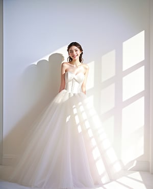A radiant scene featuring a young woman in a strapless white gown that exudes joy and elegance. The dress, with its flowing layers of tulle, creates a soft, ethereal effect. The woman stands in front of a bright, sunlit window, casting soft shadows on the wall. Her joyful expression, with a wide smile and closed eyes, captures a moment of pure happiness and contentment. The minimalist white background enhances the simplicity and beauty of the scene, emphasizing the play of light and shadow. The overall atmosphere is one of serene joy and timeless elegance, capturing a moment of blissful radiance.