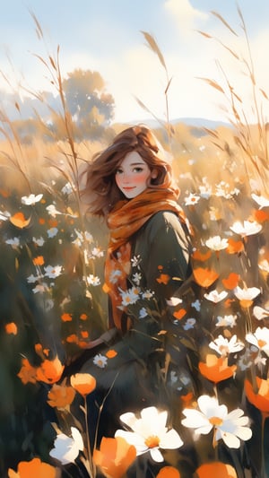 A serene, picturesque meadow bathed in the warm, golden light of a late afternoon sun, where a young woman with wavy, chestnut-brown hair is nestled among the tall grasses and blooming wildflowers. She wears a cozy, rust-colored scarf that adds a touch of warmth and autumnal charm to her outfit, contrasting beautifully with the delicate whites and vibrant oranges of the flowers surrounding her. Her gentle smile and soft, expressive eyes exude a sense of peace and contentment as she enjoys this tranquil moment in nature. The background features a distant, softly focused tree and a sky adorned with wispy clouds, enhancing the dreamy, idyllic atmosphere. This scene captures the essence of serene beauty and the simple joys of connecting with nature.