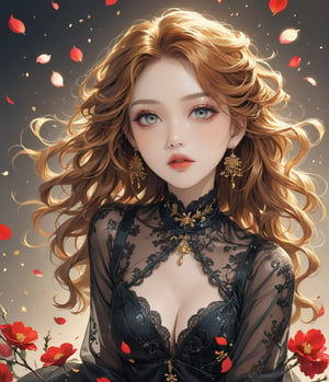 Masterpiece, 4K, ultra detailed, modern anime style, beautiful busty female singer with flawless dark makeup, beautiful detailed eyes and glossy lips, golden earring, wavy long ginger hair, sheer lace robe, romantic flower petals, windy, depth of field, SFW, more detail XL, punk art style,huayu