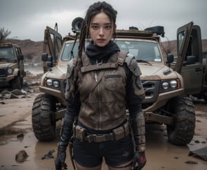 A highly detailed image of a strong, determined woman in a post-apocalyptic setting. She is wearing rugged, tactical leather gear with armor plates, and has long, Dreadlocks hairstyle. The background features a dusty, desolate landscape with an off-road vehicle and scattered debris. The sky is overcast, adding to the grim atmosphere. The woman stands confidently in the foreground, exuding resilience and readiness for survival in a harsh environment.,3va,Niji
