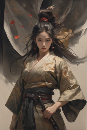 A fierce and elegant young woman stands poised in traditional warrior attire, her piercing gaze reflecting strength and determination. Her kimono is adorned with intricate floral patterns and secured with a richly detailed obi, while her long, dark hair flows dramatically in the wind, accentuated by a red hair tie. She holds a beautifully crafted katana, ready for battle. The background features swirling dark clouds and faint red leaves, adding to the intense, otherworldly atmosphere, reminiscent of a scene from a wuxia (martial heroes) tale, Official Art, Unity 8k Wallpapers, Ultra Detailed, Beautiful and Aesthetic, Masterpiece, Best Quality, (zen controversial, mandala, controversial, en controversial), (fractal art:1.3), 1girl, very detailed, dynamic angles, cowboy shot, the most beautiful form of chaos, elegance, barbarian design, bright colors, romanticism, by James Jean, Robbie Devi Antonio, Ross Chen, French Bacon, Michael Mu Raz, Adrian Genius, Petra Corright, Gerhard Richter, Takato Yamamoto, Ashley Wood, atmosphere, ecstasy of notes, flowing notes clearly visible

Chinese style, asian woman, wave, top quality, mystery, oil painting, crazy details, complex composition, strong colors, science fiction, transparency, dynamic lighting
Ink style, grayscale, pastels, mysterious atmosphere, delicate brushstrokes, frontal composition, wind and clouds,
Dynamic shots of flowing ink: Photorealistic masterpieces in 8k resolution: Aaron Hawkey and Jeremy Mann: Intricate fluid gouaches: Jean Bart tiste monger: Calligraphy: Cene: Colorful watercolor art, professional photography, volumetric light maximization photography: by marton bobzert: complexity, refinement, elegance, vastness, fantasy, dark composites, octane rendering, DonMASKTexXL, painted world in 8k resolution concept art, Fantasy Art, Oil Painting, Kabuki, Impressionist PaintingJapanese style, white cat, wave, top quality, mystery, oil painting, crazy details, complex composition, strong colors, science fiction, transparency, dynamic lighting
Ink style, grayscale, pastels, mysterious atmosphere, delicate brushstrokes, frontal composition, wind and clouds,
Dynamic shots of flowing ink: Photorealistic masterpieces in 8k resolution: Aaron Hawkey and Jeremy Mann: Intricate fluid gouaches: Jean Bart tiste monger: Calligraphy: Cene: Colorful watercolor art, professional photography, volumetric light maximization photography: by marton bobzert: complexity, refinement, elegance, vastness, fantasy, dark composites, octane rendering, DonMASKTexXL, painted world in 8k resolution concept art, Fantasy Art, Oil Painting, Kabuki, Impressionist Painting