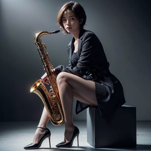 A highly detailed, hyper-realistic photograph of a young woman with short hair, sitting on a cube and holding a saxophone vertically against her right cheek with her right hand. She is wearing a dark outfit with a belted jacket and high heels. The background is plain and dark, emphasizing the subject. The lighting creates strong contrasts, highlighting her features and the saxophone, capturing a stylish, confident, and artistic atmosphere.