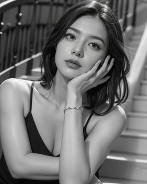 A captivating black-and-white portrait of a young woman with short, wavy hair, sitting thoughtfully on a staircase. She wears a simple, elegant spaghetti strap top, revealing her slender arms. Her expression is one of deep contemplation, with her left hand thoughtfully resting on her chin, and her fingers gently touching her lips. Her right hand is placed delicately on her arm. The thin bracelet on her wrist adds a touch of elegance to her minimalist look. The background features the blurred, ascending steps, creating a sense of depth and texture in the image. This photograph beautifully captures a moment of introspective allure, highlighting her natural beauty and the subtle emotions conveyed through her expressive eyes and thoughtful pose, 8k, masterpiece, ultra-realistic, best quality, high resolution, high definition,fancy light,Realistic