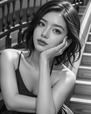 A captivating black-and-white portrait of a young woman with short, wavy hair, sitting thoughtfully on a staircase. She wears a simple, elegant spaghetti strap top, revealing her slender arms. Her expression is a smile on the corner of the mouth, with her left hand thoughtfully resting on her chin, and her fingers gently touching her lips. Her right hand is placed delicately on her arm. The thin bracelet on her wrist adds a touch of elegance to her minimalist look. The background features the blurred, ascending steps, creating a sense of depth and texture in the image. This photograph beautifully captures a moment of introspective allure, highlighting her natural beauty and the subtle emotions conveyed through her expressive eyes and thoughtful pose, 8k, masterpiece, ultra-realistic, best quality, high resolution, high definition,fancy light,Realistic
