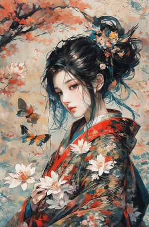 A stunning portrait of a young woman in traditional Japanese attire, surrounded by a serene and vibrant natural setting. She wears an exquisitely detailed kimono adorned with floral patterns in shades of red, gold, and green. Her dark hair is intricately styled and decorated with delicate hairpins featuring flowers and feathers, complementing her elegant look. The background showcases a harmonious blend of autumn leaves and blooming flowers, creating a magical atmosphere. Butterflies flutter around her, adding a touch of whimsy and enchantment to the scene. Her expression is serene, with a hint of melancholy in her eyes, evoking a sense of timeless beauty and grace, Movie Poster, oni style