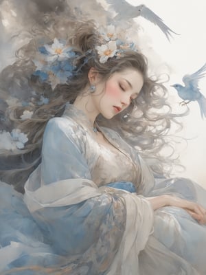 Create a highly detailed, ethereal illustration of a graceful woman lying in serene repose. She is adorned in flowing, elegant robes in shades of soft blue and white, with intricate floral patterns and delicate embroidery. Her hair cascades around her, interwoven with decorative ornaments and flowers, creating a harmonious blend with the surrounding environment. Bluebirds gracefully fly around her, adding a touch of enchantment to the scene. Her eyes are closed, and her expression is peaceful, evoking a sense of tranquility and dreaminess. The overall composition captures a timeless, otherworldly beauty, reminiscent of a serene and mythical realm, natural beauty, and timeless grace, 8k, masterpiece, ultra-realistic, best quality, high resolution, high definition, Chinese style, asian woman, wave, top quality, mystery, oil painting, crazy details, complex composition, strong colors, science fiction, transparency, dynamic lighting Ink style, grayscale, pastels, mysterious atmosphere, delicate brushstrokes, frontal composition, wind and clouds, Dynamic shots of flowing ink: Photorealistic masterpieces in 8k resolution: Aaron Hawkey and Jeremy Mann: Intricate fluid gouaches: Jean Bart tiste monger: Calligraphy: Cene: Colorful watercolor art, professional photography, volumetric light maximization photography: by marton bobzert: complexity, refinement, elegance, vastness, fantasy, dark composites, octane rendering, DonMASKTexXL, painted world in 8k resolution concept art, Fantasy Art, Oil Painting, Kabuki, Impressionist PaintingJapanese style, white cat, wave, top quality, mystery, oil painting, crazy details, complex composition, strong colors, science fiction, transparency, dynamic lighting Ink style, grayscale, pastels, mysterious atmosphere, delicate brushstrokes, frontal composition, wind and clouds, Dynamic shots of flowing ink: Photorealistic masterpieces in 8k resolution: Aaron Hawkey and Jeremy Mann: Intricate fluid gouaches: Jean Bart tiste monger: Calligraphy: Cene: Colorful watercolor art, professional photography, volumetric light maximization photography: by marton bobzert: complexity, refinement, elegance, vastness, fantasy, dark composites, octane rendering, DonMASKTexXL, painted world in 8k resolution concept art, Fantasy Art, Oil Painting, Kabuki, Impressionist Painting
Chinese style, asian woman, wave, top quality, mystery, oil painting, crazy details, complex composition, strong colors, science fiction, transparency, dynamic lighting
Ink style, grayscale, pastels, mysterious atmosphere, delicate brushstrokes, frontal composition, wind and clouds,
Dynamic shots of flowing ink: Photorealistic masterpieces in 8k resolution: Aaron Hawkey and Jeremy Mann: Intricate fluid gouaches: Jean Bart tiste monger: Calligraphy: Cene: Colorful watercolor art, professional photography, volumetric light maximization photography: by marton bobzert: complexity, refinement, elegance, vastness, fantasy, dark composites, octane rendering, DonMASKTexXL, painted world in 8k resolution concept art, Fantasy Art, Oil Painting, Kabuki, Impressionist Painting