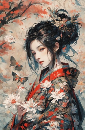 A stunning portrait of a young woman in traditional Japanese attire, surrounded by a serene and vibrant natural setting. She wears an exquisitely detailed kimono adorned with floral patterns in shades of red, gold, and green. Her dark hair is intricately styled and decorated with delicate hairpins featuring flowers and feathers, complementing her elegant look. The background showcases a harmonious blend of autumn leaves and blooming flowers, creating a magical atmosphere. Butterflies flutter around her, adding a touch of whimsy and enchantment to the scene. Her expression is serene, with a hint of melancholy in her eyes, evoking a sense of timeless beauty and grace, Movie Poster, oni style