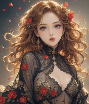 Masterpiece, 4K, ultra detailed, modern anime style, beautiful busty female singer with flawless dark makeup, beautiful detailed eyes and glossy lips, golden earring, wavy long ginger hair, sheer lace robe, romantic flower petals, windy, depth of field, SFW, more detail XL, punk art style,huayu