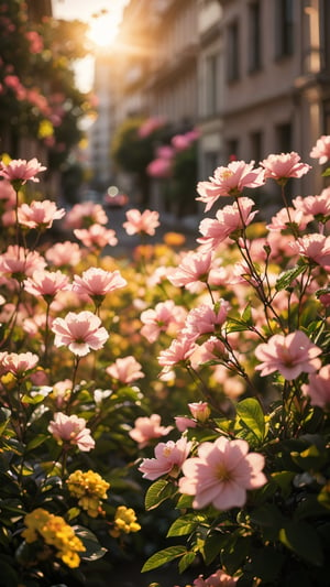 An enchanting urban garden bathed in the soft, golden light of a setting sun. The scene features a delightful array of delicate pink and yellow flowers, their petals glowing warmly in the evening light. The flowers are in full bloom, creating a vibrant and lively atmosphere against the backdrop of a charming city street. The buildings in the background are softly blurred, adding depth and focus to the floral foreground. The overall ambiance is one of serene beauty and tranquility, capturing the magical essence of nature thriving in an urban setting, 8K,highres,masterpiece), ultra-detailed, (photo-realistic, lifelike) photograph showcasing the sheer beauty of jasmine flowers in full bloom. Each delicate petal is captured in exquisite detail, creating a high-resolution masterpiece that celebrates the elegance of this fragrant flower.