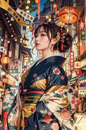 Create a highly detailed anime-style illustration of a young woman in a festive, bustling street filled with lanterns and banners. She has a delicate and serious expression, with her dark hair styled in an elaborate updo adorned with red and gold hair ornaments. She wears a traditional black and red kimono with intricate patterns of dragons and flowers, complemented by a large red obi. She is  wearing a mitt on her right hand . The mitt should be intricately designed with detailed patterns, blending elements of traditional Japanese art and modern abstract motifs. Use a color palette that includes dark, muted tones with subtle highlights to emphasize the texture and detail of the mitt. The background shows a vibrant street festival with blurred figures and warm, glowing lights creating a lively and enchanting atmosphere.,J ONI,ELIGHT