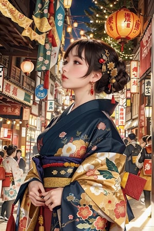 Create a highly detailed anime-style illustration of a young woman in a festive, bustling street filled with lanterns and banners. She has a delicate and serious expression, with her dark hair styled in an elaborate updo adorned with red and gold hair ornaments. She wears a traditional black and red kimono with intricate patterns of dragons and flowers, complemented by a large red obi. She is  wearing a mitt on her right hand . The mitt should be intricately designed with detailed patterns, blending elements of traditional Japanese art and modern abstract motifs. Use a color palette that includes dark, muted tones with subtle highlights to emphasize the texture and detail of the mitt. The background shows a vibrant street festival with blurred figures and warm, glowing lights creating a lively and enchanting atmosphere.,J ONI,ELIGHT