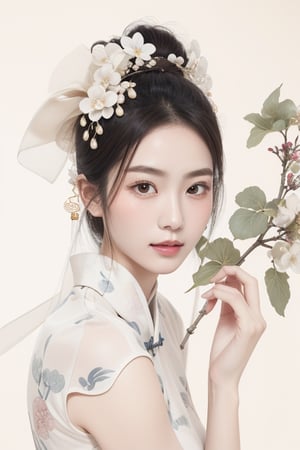 Asian female characters, graceful poses, soft colors, natural beauty makeup, in the style of traditional Chinese ink painting, soft facial features, hair accessories, empty mulberry, floating life,1 girl 