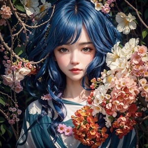 A captivating digital art portrait of a young woman surrounded by a vibrant array of flowers. Her wavy, dark blue hair frames her face, blending seamlessly with the floral elements around her. The flowers, in shades of orange, blue, and white, create a striking contrast against her pale skin. She gazes directly at the viewer with an intense, almost ethereal expression. The intricate details of the petals and leaves intertwine with her hair, giving the impression that she is one with nature. The overall composition is both delicate and dramatic, evoking a sense of mystery and enchantment.