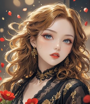 Masterpiece, 4K, ultra detailed, modern anime style, beautiful busty female singer with flawless dark makeup, beautiful detailed eyes and glossy lips, golden earring, wavy long ginger hair, sheer lace robe, romantic flower petals, windy, depth of field, SFW, more detail XL, punk art style,huayu