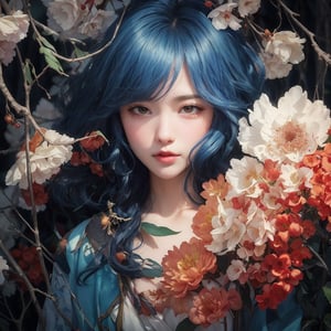 A captivating digital art portrait of a young woman surrounded by a vibrant array of flowers. Her wavy, dark blue hair frames her face, blending seamlessly with the floral elements around her. The flowers, in shades of orange, blue, and white, create a striking contrast against her pale skin. She gazes directly at the viewer with an intense, almost ethereal expression. The intricate details of the petals and leaves intertwine with her hair, giving the impression that she is one with nature. The overall composition is both delicate and dramatic, evoking a sense of mystery and enchantment.