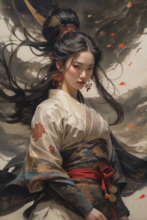 A fierce young woman stands confidently, her intense gaze and wind-swept hair accentuating her determination. She wears an ornate kimono with intricate patterns, the fabric flowing dramatically around her. Her high bun is adorned with red accents, matching the vibrant sash tied around her waist. The background features dynamic, mythical imagery that adds to the sense of power and mystique. This scene captures a blend of strength, elegance, and a connection to ancient traditions, portraying a warrior ready for battle, Official Art, Unity 8k Wallpapers, Ultra Detailed, Beautiful and Aesthetic, Masterpiece, Best Quality, (zen controversial, mandala, controversial, en controversial), (fractal art:1.3), 1girl, very detailed, dynamic angles, cowboy shot, the most beautiful form of chaos, elegance, barbarian design, bright colors, romanticism, by James Jean, Robbie Devi Antonio, Ross Chen, French Bacon, Michael Mu Raz, Adrian Genius, Petra Corright, Gerhard Richter, Takato Yamamoto, Ashley Wood, atmosphere, ecstasy of notes, flowing notes clearly visible

Chinese style, asian woman, wave, top quality, mystery, oil painting, crazy details, complex composition, strong colors, science fiction, transparency, dynamic lighting
Ink style, grayscale, pastels, mysterious atmosphere, delicate brushstrokes, frontal composition, wind and clouds,
Dynamic shots of flowing ink: Photorealistic masterpieces in 8k resolution: Aaron Hawkey and Jeremy Mann: Intricate fluid gouaches: Jean Bart tiste monger: Calligraphy: Cene: Colorful watercolor art, professional photography, volumetric light maximization photography: by marton bobzert: complexity, refinement, elegance, vastness, fantasy, dark composites, octane rendering, DonMASKTexXL, painted world in 8k resolution concept art, Fantasy Art, Oil Painting, Kabuki, Impressionist PaintingJapanese style, white cat, wave, top quality, mystery, oil painting, crazy details, complex composition, strong colors, science fiction, transparency, dynamic lighting
Ink style, grayscale, pastels, mysterious atmosphere, delicate brushstrokes, frontal composition, wind and clouds,
Dynamic shots of flowing ink: Photorealistic masterpieces in 8k resolution: Aaron Hawkey and Jeremy Mann: Intricate fluid gouaches: Jean Bart tiste monger: Calligraphy: Cene: Colorful watercolor art, professional photography, volumetric light maximization photography: by marton bobzert: complexity, refinement, elegance, vastness, fantasy, dark composites, octane rendering, DonMASKTexXL, painted world in 8k resolution concept art, Fantasy Art, Oil Painting, Kabuki, Impressionist Painting