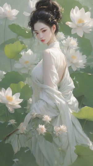 Create a highly detailed, ethereal illustration of an Asian woman standing amidst a lush lotus pond. She is dressed in a flowing, elegant white robe with delicate folds and drapery that complement the natural surroundings. Her hair is styled in an intricate updo adorned with golden hairpieces that add a touch of regality. She wears delicate earrings that dangle gracefully. Her expression is calm and contemplative as she gently clasps her hands. The background is filled with large, vibrant green lotus leaves and blooming white lotus flowers, creating a tranquil and picturesque scene. Soft, diffused light filters through the leaves, enhancing the dreamlike atmosphere and highlighting the delicate features of the woman and the natural beauty around her. The overall composition evokes a sense of peace, natural elegance, and timeless grace,  8k, masterpiece, ultra-realistic, best quality, high resolution, high definition,

Chinese style, asian woman, wave, top quality, mystery, oil painting, crazy details, complex composition, strong colors, science fiction, transparency, dynamic lighting
Ink style, grayscale, pastels, mysterious atmosphere, delicate brushstrokes, frontal composition, wind and clouds,
Dynamic shots of flowing ink: Photorealistic masterpieces in 8k resolution: Aaron Hawkey and Jeremy Mann: Intricate fluid gouaches: Jean Bart tiste monger: Calligraphy: Cene: Colorful watercolor art, professional photography, volumetric light maximization photography: by marton bobzert: complexity, refinement, elegance, vastness, fantasy, dark composites, octane rendering, DonMASKTexXL, painted world in 8k resolution concept art, Fantasy Art, Oil Painting, Kabuki, Impressionist Painting