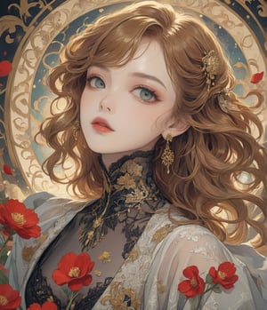 Masterpiece, 4K, ultra detailed, modern anime style, beautiful busty female singer with flawless dark makeup, beautiful detailed eyes and glossy lips, golden earring, wavy long ginger hair, sheer lace robe, romantic flower petals, windy, depth of field, SFW, more detail XL, punk art style,huayu, art Nouveau Style,