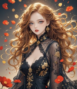 Masterpiece, 4K, ultra detailed, modern anime style, beautiful busty female singer with flawless dark makeup, beautiful detailed eyes and glossy lips, golden earring, wavy long ginger hair, sheer lace robe, romantic flower petals, windy, depth of field, SFW, more detail XL, punk art style,huayu