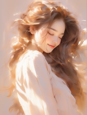 A young Asian woman with long, flowing hair stands against a soft, warm background, her eyes closed and a gentle, contented smile on her face. The sunlight bathes her in a golden glow, highlighting the delicate features of her face and the softness of her hair. She wears a light, airy blouse that complements the serene and blissful atmosphere. The overall scene exudes a sense of peace, joy, and tranquility, capturing a perfect moment of quiet happiness,  8k, masterpiece, ultra-realistic, best quality, high resolution, high definition.