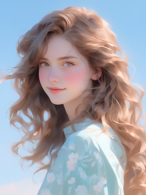 A young woman with wavy, light brown hair stands against a clear blue sky, her soft smile and gentle eyes creating a serene and inviting expression. She wears a light-colored, pastel dress with subtle floral patterns, which adds to her delicate and ethereal appearance. The sunlight highlights her natural beauty, giving her an almost otherworldly glow. The overall scene captures a moment of pure tranquility and innocence, evoking a sense of peacefulness and calm, 8k, masterpiece, ultra-realistic, best quality, high resolution, high definition.