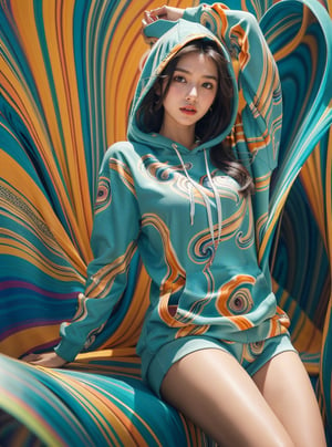 A stunning portrait of a young woman dressed in a vibrant, multicolored hoodie with swirling patterns of blue, orange, and teal. Her long, flowing hair cascades down her shoulders, complementing the intricate design of her outfit. The background mirrors the psychedelic patterns of her attire, creating a seamless, mesmerizing effect. The woman's expression is calm and confident, her gaze directed towards the viewer. The overall scene exudes a sense of bold, artistic flair and modern fashion.