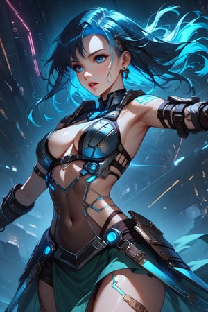 Create a digital illustration of Augusta, a female character blending ancient Roman gladiator and futuristic cyberpunk technology. Combine ancient Roman armor and cyberpunk elements, such as glowing blue circuits, metallic plating, and retractable swords. Adorn her with futuristic tattoos resembling circuits, code, or cyberpunk patterns on her arms, chest, and face. Modify her Roman attire to accommodate her cyberpunk armor. Style her hair with neon-colored streaks or accessories that fuse ancient Roman and futuristic elements. Depict Augusta in a powerful pose, exuding confidence, with a sexy, erotic aura. Ensure detailed and vibrant illustration captures her commanding presence and seamless integration of ancient and futuristic design elements.