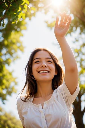Masterpiece, top quality, high definition, artistic composition, 1 girl, upper body, composition from below, smiling, cotton shirt, looking at me, blue sky, sunlight through trees, casual, portrait, warm, reaching out