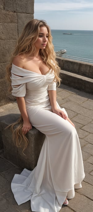 Generate hyper realistic image of a woman with long, voluminous, wavy blonde hair that cascades down her shoulders. The hair is styled in loose, elegant waves. She is wearing a stunning, flowing off shoulders red gown with a fitted bodice, highlighting her shoulders and neckline. The fabric of the dress is rich and luxurious, draping beautifully around her and spreading out on the surface she is seated on. The dress has a long train. She is seated in a relaxed manner, with one leg crossed over the other and her hands resting gently on her knees. Her expression is serene with a slight tilt of her head as she gazes into the distance. he is seated on a ledge overlooking a beautiful seaside town