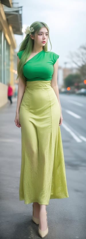 lovely  cute  young  attractive  Europe teenage  girl  in  a  pretty foreign dress,  23  years  old  ,  cute  ,  an  Instagram  model  ,  long  yellow-green_hair  ,  winter  ,  on the road  .  , „ Europe 