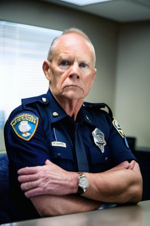 headshot photo of SnaNN wearing a police uniform, in an office, detailed (wrinkles, blemishes, folds, moles, viens, pores, skin imperfections:1.1), highly detailed glossy eyes, (looking at the camera), specular lighting, dslr, ultra quality, sharp focus, tack sharp, dof, film grain, centered, Fujifilm XT3, crystal clear