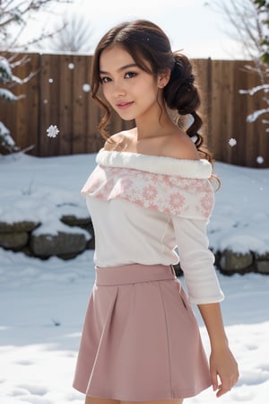 (best quality, photorealistic, masterpiece:1.3), girl, off shoulder, skirt, glossy lips, pure innocence, sweet and adorable, blush, cold, long hair, curly hair, twintails, fluffy snow, snowflakes, snowing, stalagtites, red flowers, high detailed skin, skin pores, 8k uhd, dslr, soft lighting, high quality, film grain, Fujifilm XT3, less details, detailed background, 
