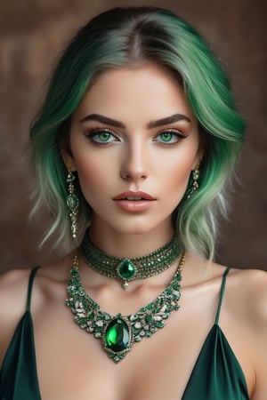 Generate hyper realistic image of a mesmerizing woman with green eyes that pierce through the image, establishing a deep connection with the viewer. Adorned in elegant jewelry, including a choker and necklace, she showcases a realistic portrayal of beauty. Her lips, slightly parted, add a touch of mystery, while her green hair enhances the enchanting atmosphere, making her an irresistible subject.,better photography