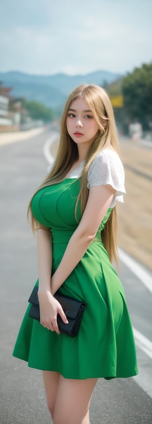 lovely  cute  young  attractive  Europe teenage  girl  in  a  pretty foreign dress,  23  years  old  ,  cute  ,  an  Instagram  model  ,  long  yellow-green_hair  ,  winter  ,  on the road  .  , „ Europe 